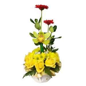 Arreglo Floral con Rosas Amarillas, Gerberas Rojas y Orquídea Exótica