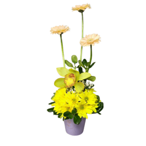 Arreglo Floral en Base Lila con Gerberas y Orquídea