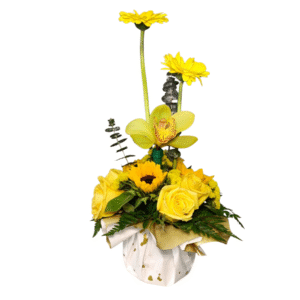 Arreglo Floral Amarillo con Girasol, Rosas y Orquídea Exótica
