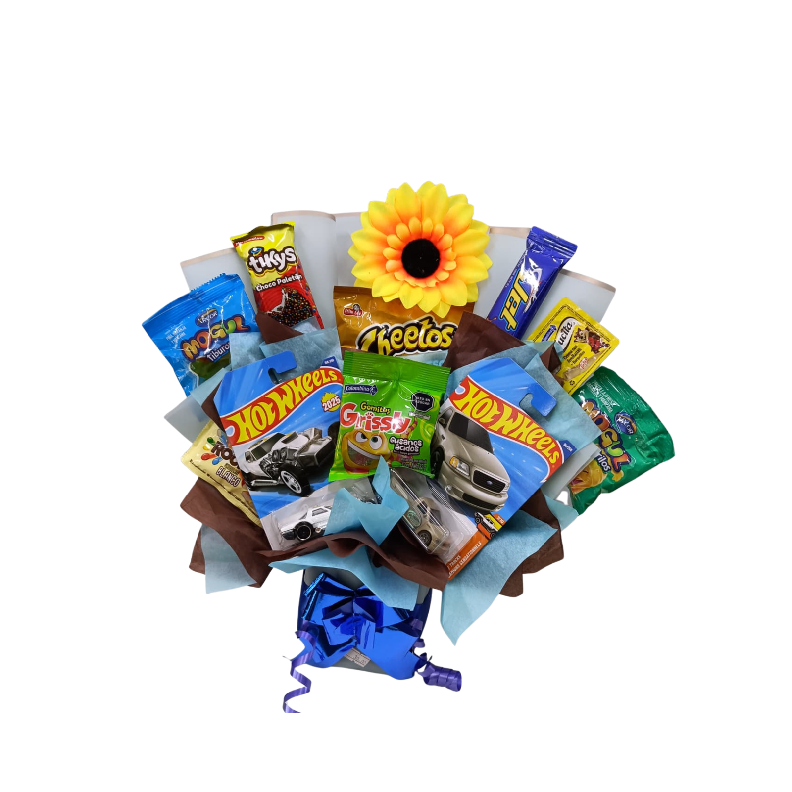 Bouquet XL Hot Wheels con 3 Carros y Snacks Variados