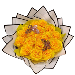 Bouquet de Rosas Amarillas con Mariposas Doradas