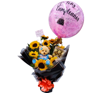 Bouquet Girasoles, Osito y Ferrero Rocher con Globo