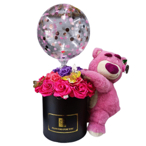 Osito Lotso y Rosas Eternas en Caja con Globo Confeti